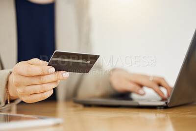 Buy stock photo Banking, credit card and hands of business woman with payment on a internet or banking on a laptop. Online, loan and corporate professional or customer use rewards to purchase on ecommerce website