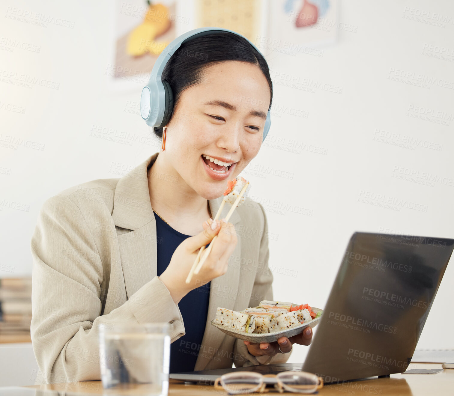 Buy stock photo Smile, call center and woman with fast food, lunch or break on laptop in office consulting for crm, contact us or faq. Customer service, telemarketing and lead generation consultant online with sushi