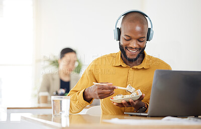 Buy stock photo Food, delivery and happy black man with laptop in office for lunch break, eating and meal. Sushi, brunch and African manager online with positive review, survey or feedback for takeout order service