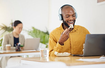 Buy stock photo Food, break and black man, call center and lunch with laptop in office while consulting for crm, contact us or faq. Customer service, telemarketing and lead generation consultant online eating sushi