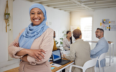 Buy stock photo Ceo, Muslim woman and arms crossed portrait of business manager in a office with a smile. Company leader, management and mature female professional with a hijab ready for a website team meeting 