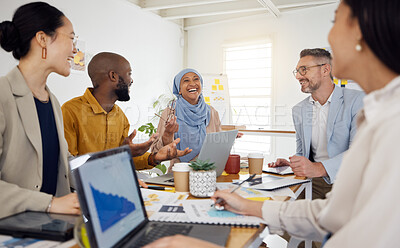 Buy stock photo Strategy, planning and funny with business people in meeting for brainstorming, project management and partnership. Teamwork, collaboration and solution with employees in office for client proposal