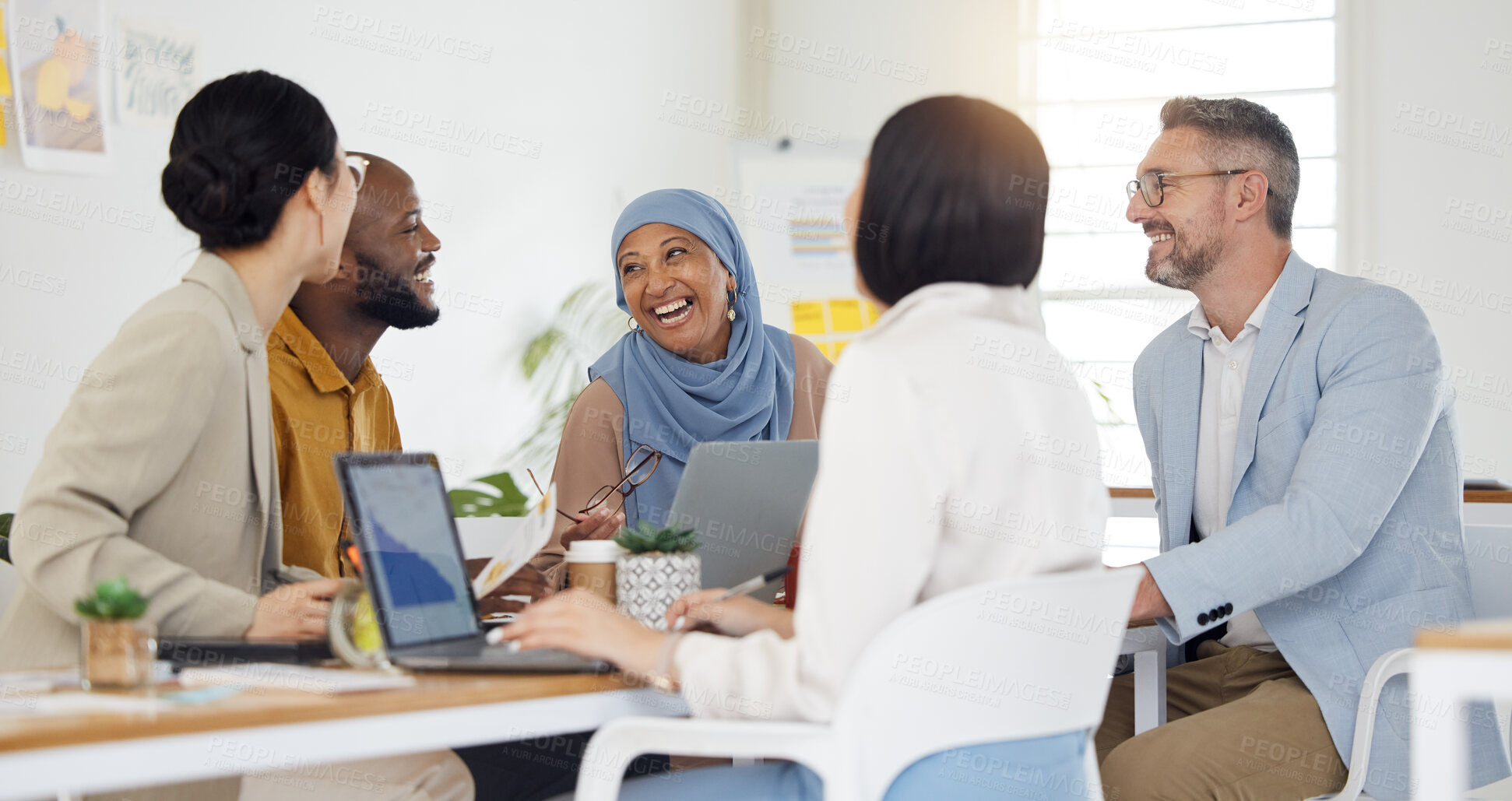 Buy stock photo Mentor, planning and collaboration with business people in meeting for brainstorming, project management and partnership. Teamwork, strategy and solution with employees in office for client proposal