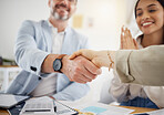 Business people, handshake and meeting in team hiring, partnership or growth together at office. Closeup of employees shaking hands in team agreement, b2b deal or thank you in recruiting at workplace