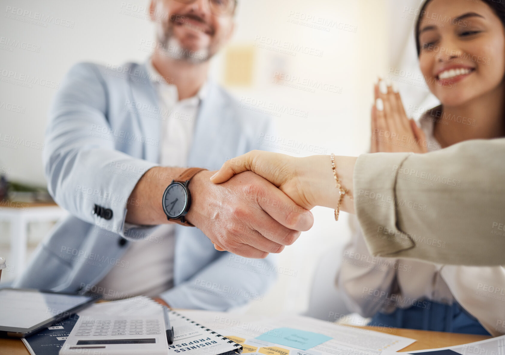 Buy stock photo Business people, handshake and meeting in team hiring, partnership or growth together at office. Closeup of employees shaking hands in team agreement, b2b deal or thank you in recruiting at workplace