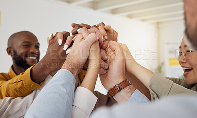 Buy stock photo Holding hands, business people and happy support with diversity, partnership and collaboration. Celebration, motivation and company staff with solidarity, community and together with teamwork