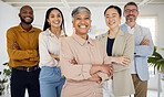 Portrait, business people with arms crossed and team, happy working together with diversity and community. Corporate group, support and confidence with collaboration, mission and professional smile