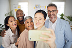 Selfie, smile and group of business people in office for support, trust and global team building. Diversity, employees and happy friends in collaboration for profile picture about us on social media 