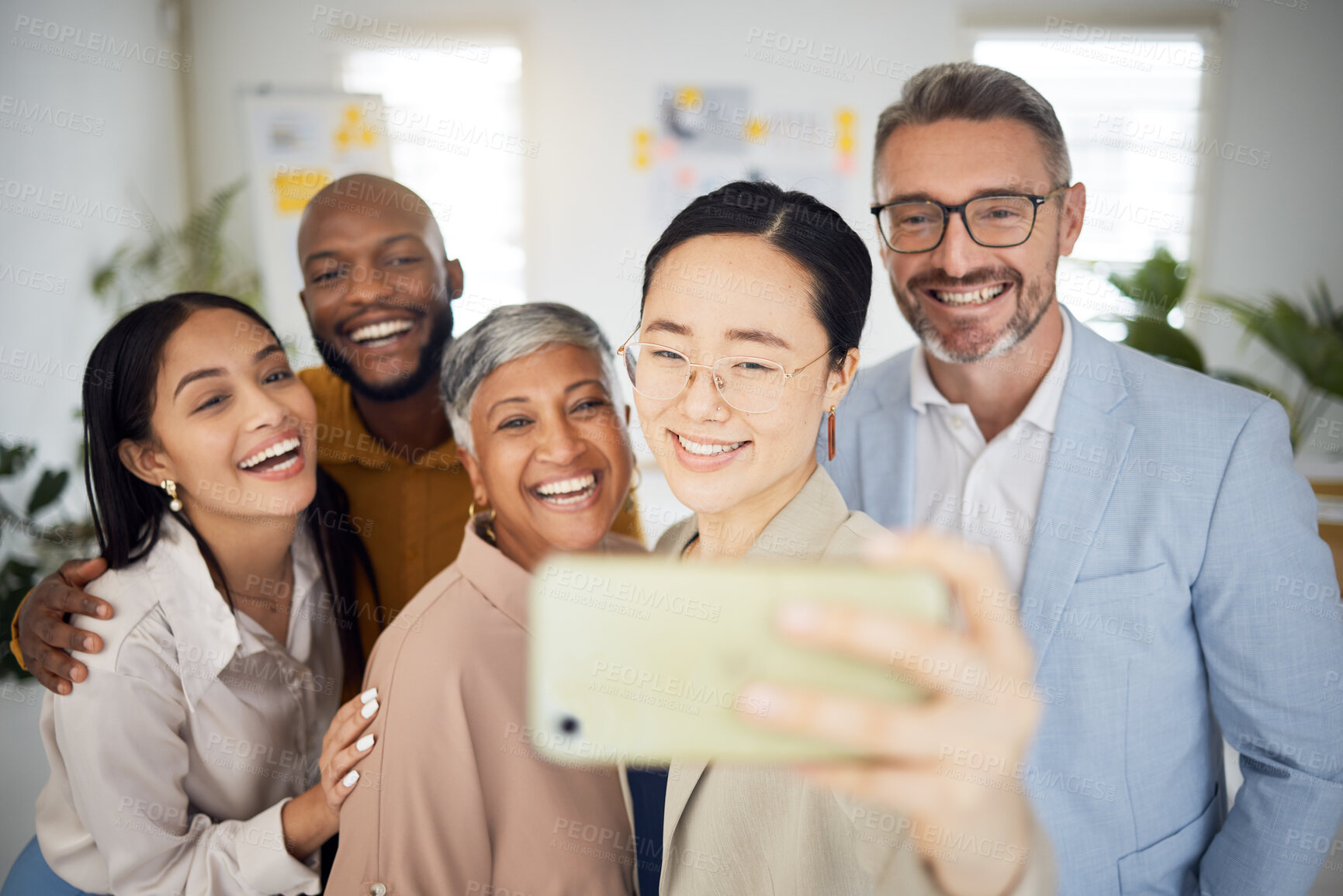 Buy stock photo Selfie, smile and group of business people in office for support, trust and global team building. Diversity, employees and happy friends in collaboration for profile picture about us on social media 