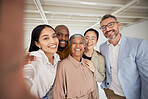 Portrait, selfie and diversity of business people smile in office for trust of global team building. Group, happy employees and friends in profile picture about us on social media for company culture