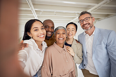 Buy stock photo Portrait, selfie and diversity of business people smile in office for trust of global team building. Group, happy employees and friends in profile picture about us on social media for company culture