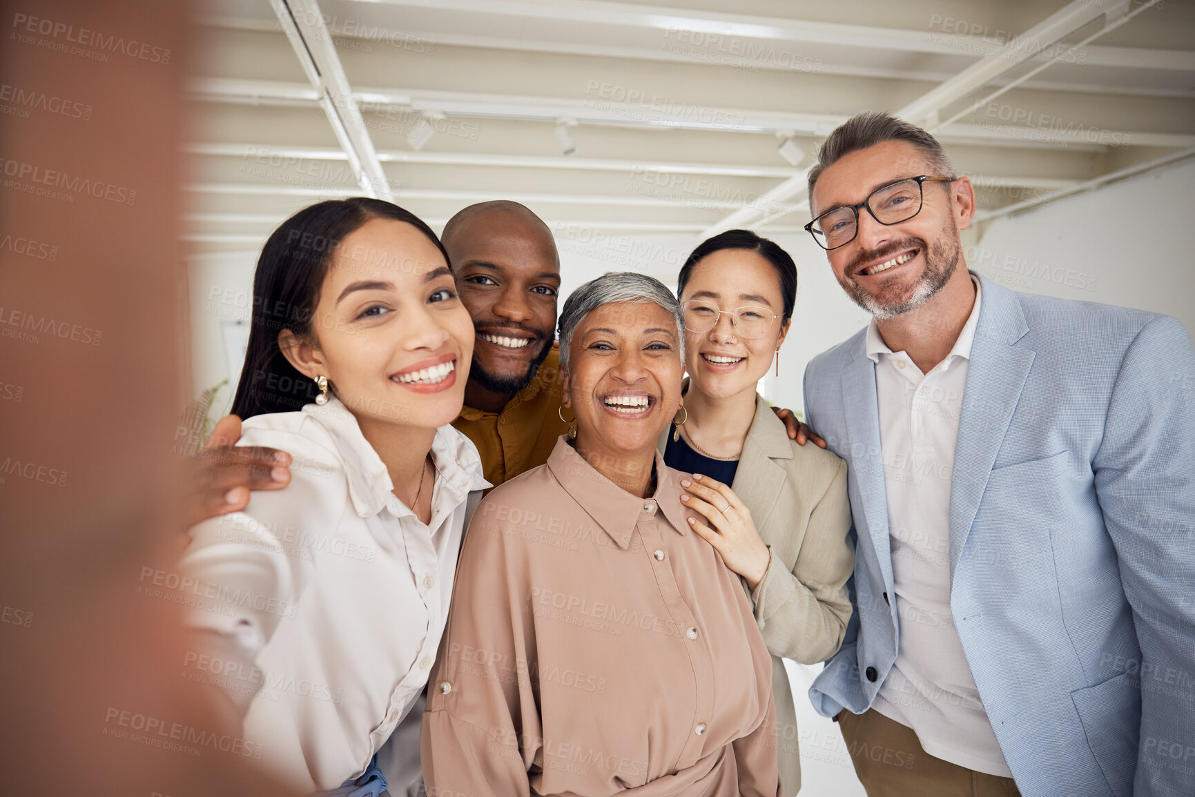 Buy stock photo Portrait, selfie and diversity of business people smile in office for trust of global team building. Group, happy employees and friends in profile picture about us on social media for company culture