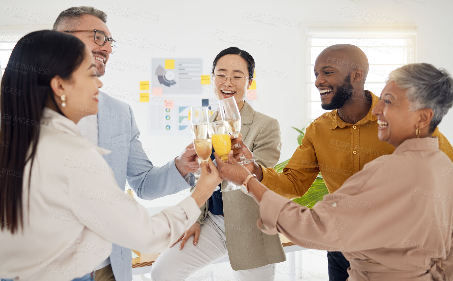 Buy stock photo Teamwork, champagne and toast with business people in office for winner, celebration and support. Success, party and friends with employees and cheers for community, achievement and congratulations