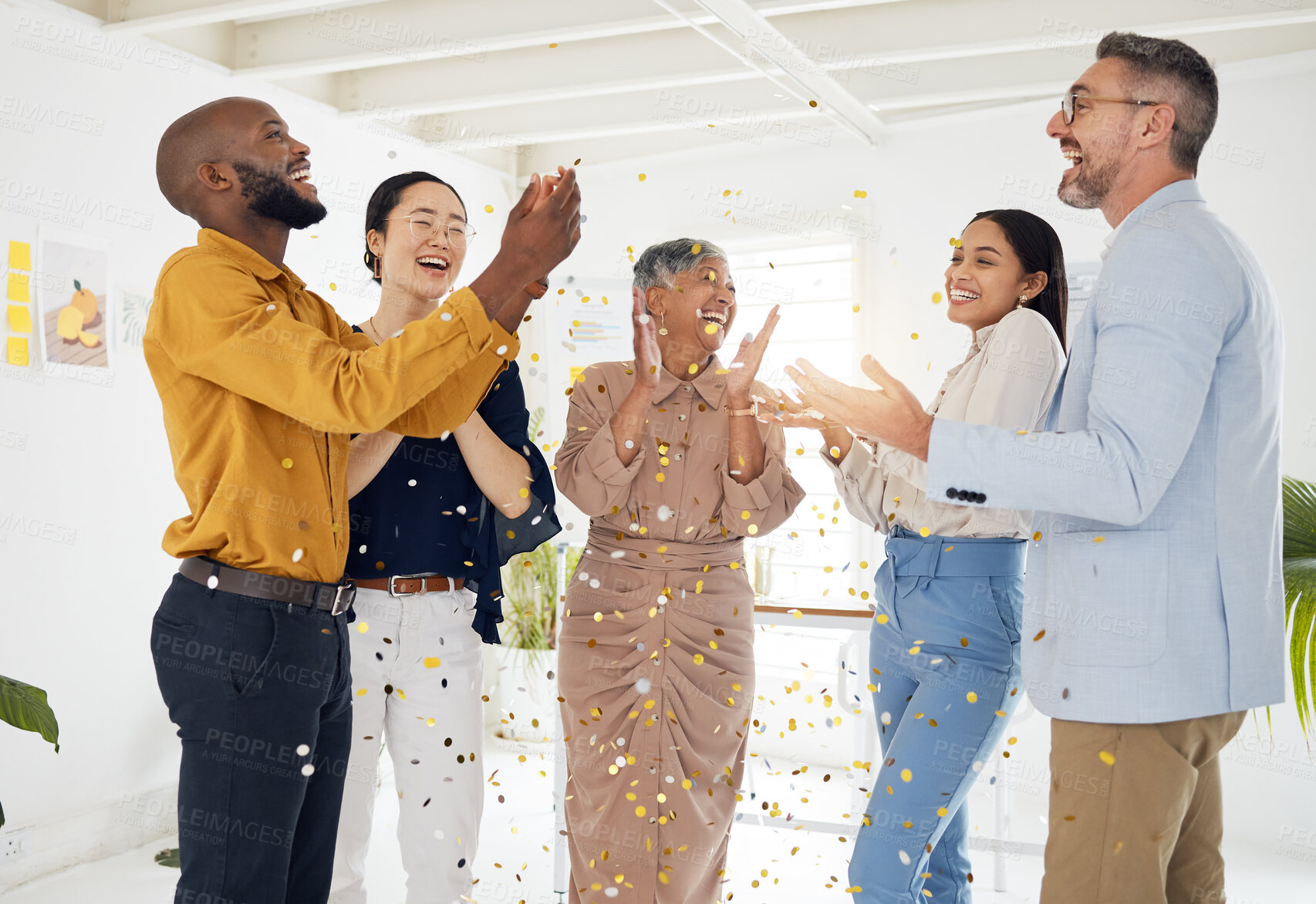 Buy stock photo Success, confetti and party with business people in office for winner, celebration and support. Teamwork, target and friends with group of employees for community, achievement and congratulations