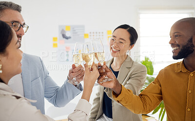 Buy stock photo Success, toast and champagne with business people in office for winner, celebration and support. Teamwork, party and friends with employees and cheers for community, achievement and congratulations