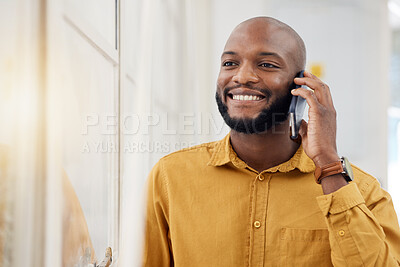 Buy stock photo Business, happy black man and phone call for communication, feedback and mobile chat in office. Employee, smile and talking on smartphone for contact, consulting or thinking of conversation at window