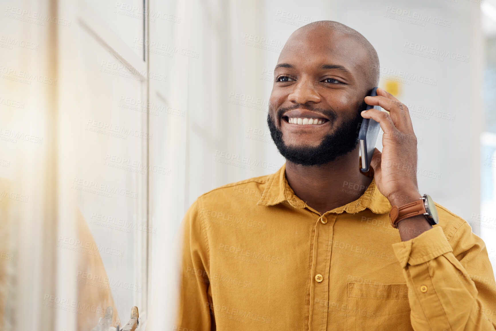 Buy stock photo Business, happy black man and phone call for communication, feedback and mobile chat in office. Employee, smile and talking on smartphone for contact, consulting or thinking of conversation at window