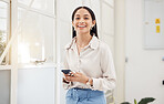 Happy woman, portrait and typing on smartphone in office for social media, networking and mobile contact in Colombia. Business worker scroll on cellphone tech, digital information and smile at window