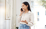 Business, woman and happy phone call for communication, feedback and mobile chat in office. Employee, smile and talking on smartphone for contact, consulting and thinking of conversation at window