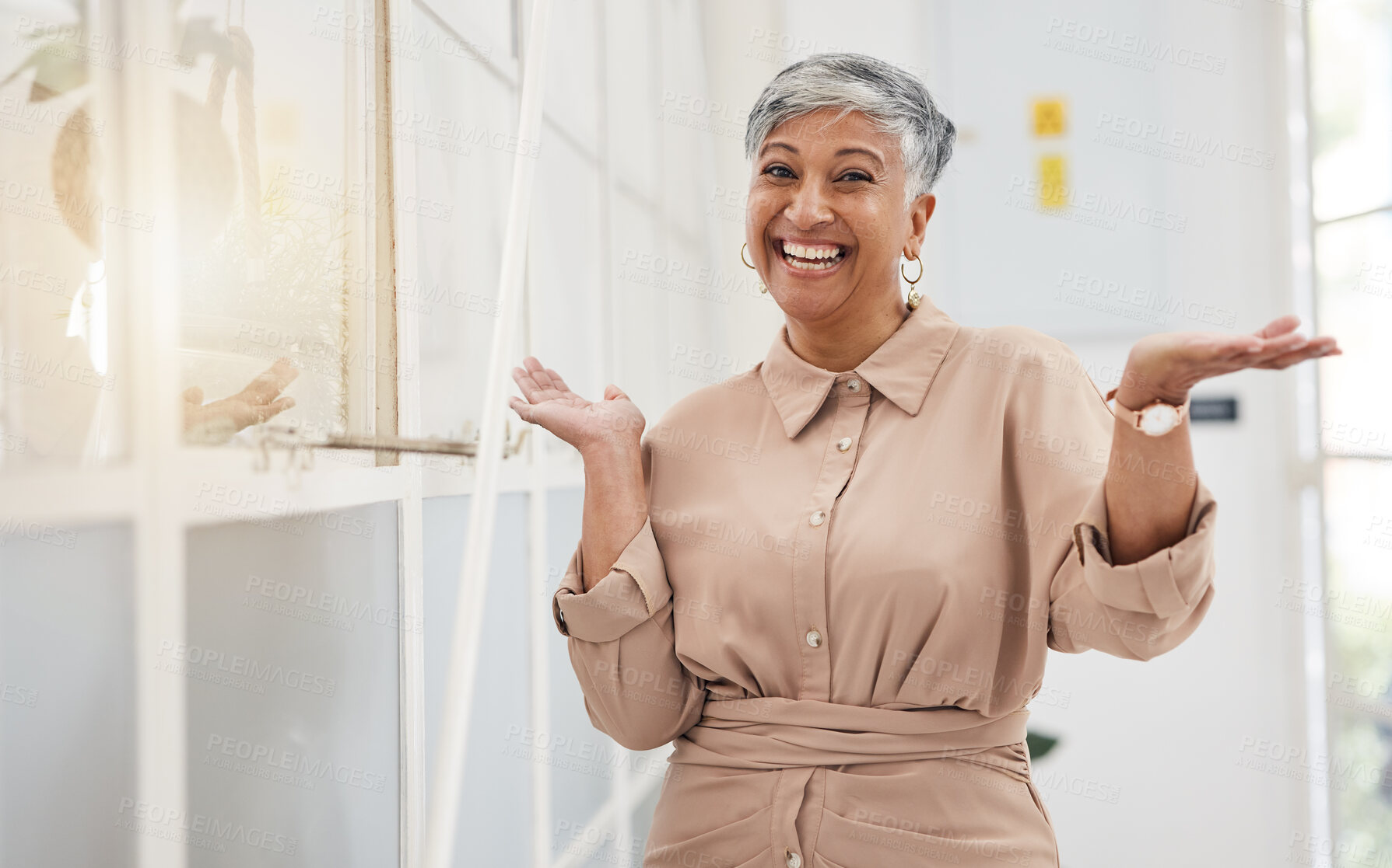 Buy stock photo Excited, portrait and a mature woman at work say hello with confidence in professional career. Happy, business and manager or company ceo with a gesture for office management or working at an agency