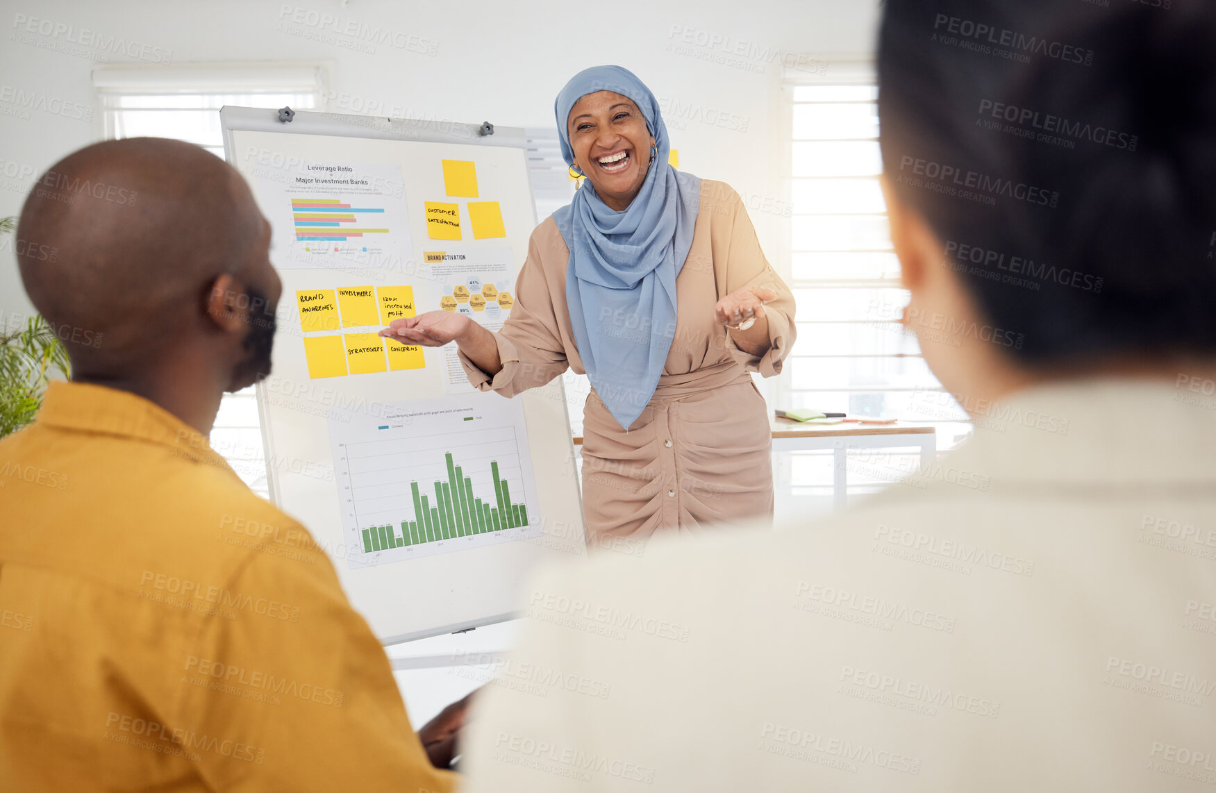 Buy stock photo Happy woman, coaching and whiteboard in presentation, team strategy or meeting together at office. Creative female person, manager or mentor training staff in marketing, ideas or startup at workplace