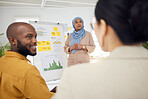 Woman, coaching and whiteboard in team presentation, strategy or group meeting at the office. Creative female person or mentor training staff in teamwork, collaboration or sharing ideas in startup