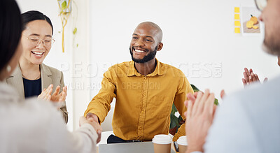 Buy stock photo Creative people, handshake and meeting in hiring, partnership or teamwork together at office. Happy employees shaking hands in team agreement, b2b deal or thank you in startup recruiting at workplace