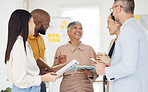 Tablet, collaboration and documents with a business team laughing in the office during a meeting. Technology, paper and funny with a manager talking to an employee group in a professional workplace