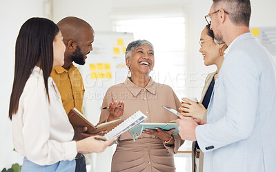 Buy stock photo Tablet, collaboration and documents with a business team laughing in the office during a meeting. Technology, paper and funny with a manager talking to an employee group in a professional workplace