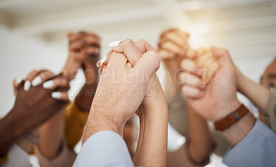 Buy stock photo Holding hands, business people and office support with diversity, partnership and collaboration. Celebration, motivation and company staff with solidarity, community and together with teamwork