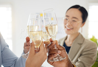 Buy stock photo Champagne toast, glass and alcohol with business people, celebration and team building at workplace. Mission, winning and corporate group, collaboration and alcoholic drink with cheers and success