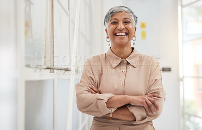 Buy stock photo Smile, arms crossed and portrait of business woman in office for entrepreneur, professional or manager. Designer, pride and happy with person in creative agency for future, opportunity or empowerment