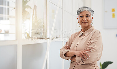 Buy stock photo Portrait, woman in finance and arms crossed for leadership and business with confidence and ambition. Senior, corporate company and professional ceo from Brazil for career and management in workplace