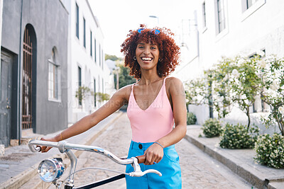 Buy stock photo Bicycle, gen z or portrait of happy woman cycling with street fashion in urban outdoor activity on holiday. Excited city girl, streetwear or sustainable transport for trip or travel on bike in road
