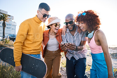 Buy stock photo People, phone and friends laughing outdoor for meme, funny video and fun. Diversity, happiness and gen z group of men and women with a smartphone for social media, skateboard and freedom in city