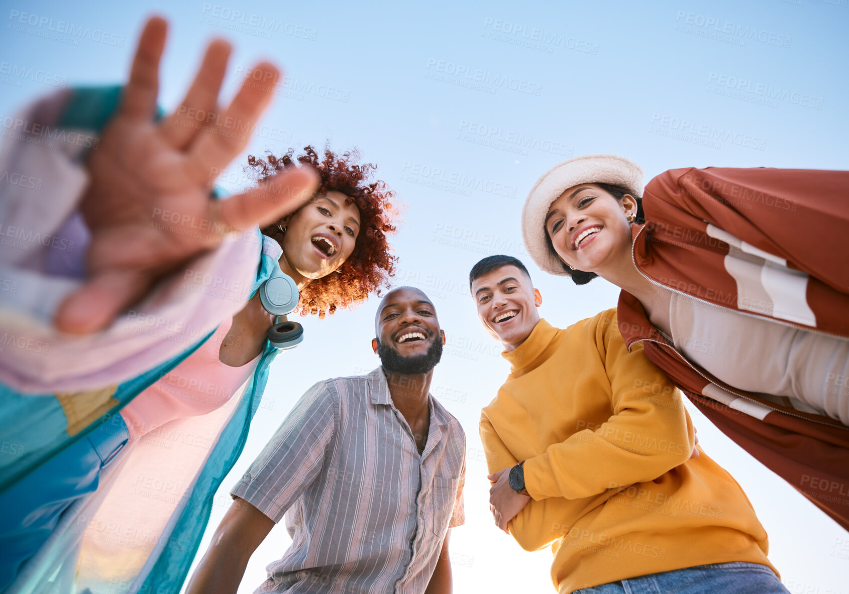 Buy stock photo Portrait, smile and a group of friends on a blue sky outdoor together for freedom, bonding or fun from below. Diversity, travel or summer with happy men and women laughing outside on vacation