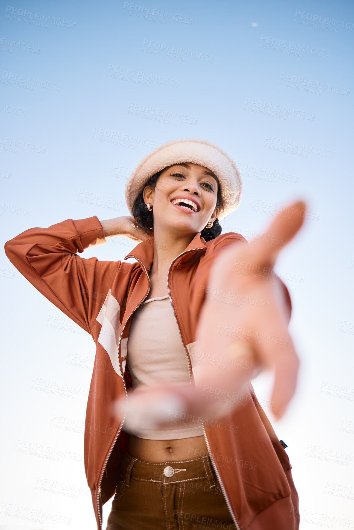 Buy stock photo Portrait, woman smile and offer helping hand to welcome outdoor on low angle mockup space. Happy, palm and person giving assistance for support, care or acceptance of handshake sign for invitation