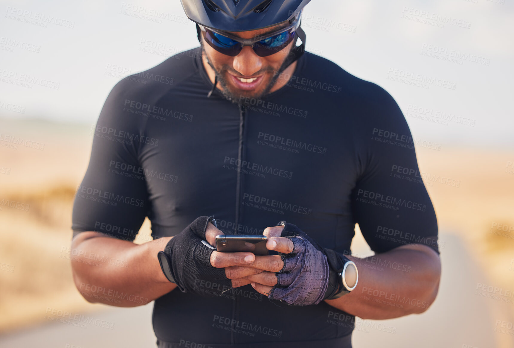 Buy stock photo Phone, cycling and nature, happy man at rest stop in countryside looking at direction or map information online. Mobile chat, fitness app and smartphone, cyclist in road on internet search with smile