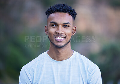 Buy stock photo Fitness, exercise and portrait a happy man outdoor on a break or rest after run, workout or training. Face of indian athlete person or runner in nature for sports, cardio or health and wellness