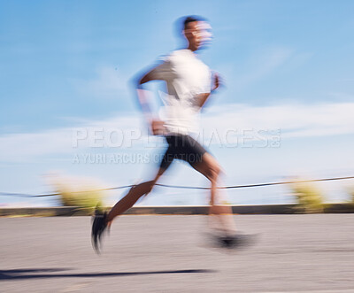 Buy stock photo Exercise, running and motion blur with a sports man on a road for his cardio or endurance workout. Fitness, health and a runner training for a marathon or challenge in the mountains during summer