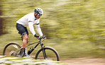 Nature mockup, bicycle or sports man travel, ride and journey on freedom adventure, extreme triathlon race or cycling. Mountain bike, forest speed blur and athlete training for competition in woods