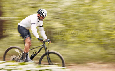 Buy stock photo Nature mockup, bicycle or sports man travel, ride and journey on freedom adventure, extreme triathlon race or cycling. Mountain bike, forest speed blur and athlete training for competition in woods