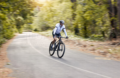 Buy stock photo Nature road, mountain bike and sports man travel, ride and adventure on bicycle, triathlon challenge or journey. Cycling competition, motion blur and cyclist training, freedom and workout in France