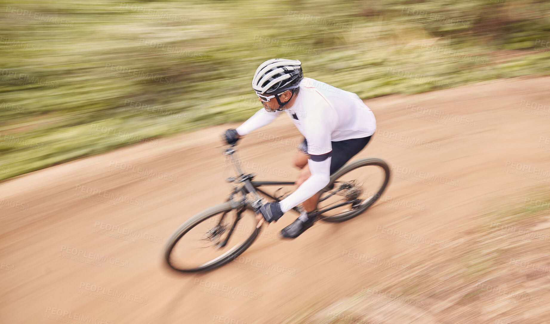Buy stock photo Nature path, mountain bike and sports man travel, ride and adventure on off road trail, outdoor challenge or cycling. Top view bicycle, speed blur and athlete training, fitness and cardio in forest