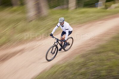 Buy stock photo Nature, mountain bike speed and sports man travel, action and ride bicycle for cycling, fitness or exercise. Top view dirt path, fast motion blur and extreme cyclist training for race on forest land