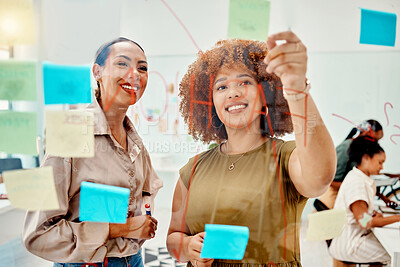 Buy stock photo Creative women, planning and teamwork, sticky note and meeting with objectives and agenda at startup. Communication, glass board and collaboration, research and ideas, discussion and brainstorming