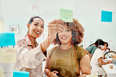 Buy stock photo Creative women, brainstorming and teamwork, sticky note and meeting with objectives and agenda at startup. Communication, glass board and collaboration, research and ideas, discussion and strategy