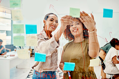 Buy stock photo Women, brainstorming and teamwork, sticky note and meeting with objectives and agenda at creative startup. Communication, glass board and collaboration, research and ideas, discussion and strategy
