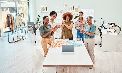 Buy stock photo Success, happy people or clapping in meeting for fashion design bonus, bonus or achievement. Applause, proud or designers in celebration of teamwork, goal target or promotion on video call or laptop