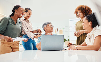 Buy stock photo Laughing, meeting and women in fashion with a laptop for advice, communication or styling training. Discussion, happy and group of people in retail or boutique speaking about planning of clothes
